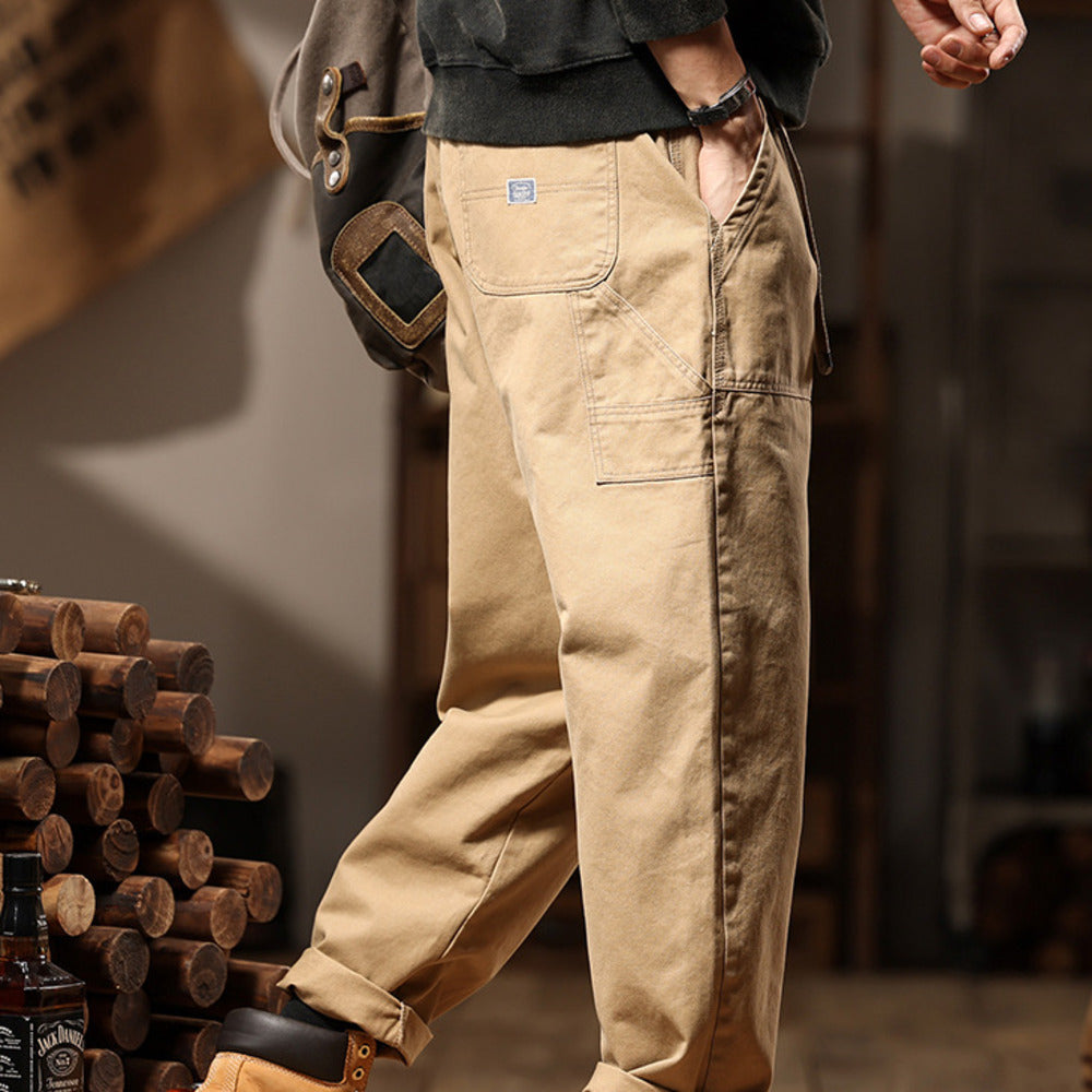 時尚潮流男裝休閑褲男士春季款美式復古工裝褲腰帶直筒長褲