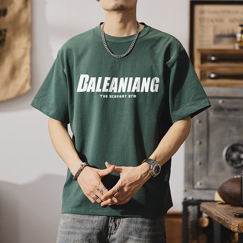 短袖t恤男式夏季美式街頭圓領純棉字母印花半袖體恤