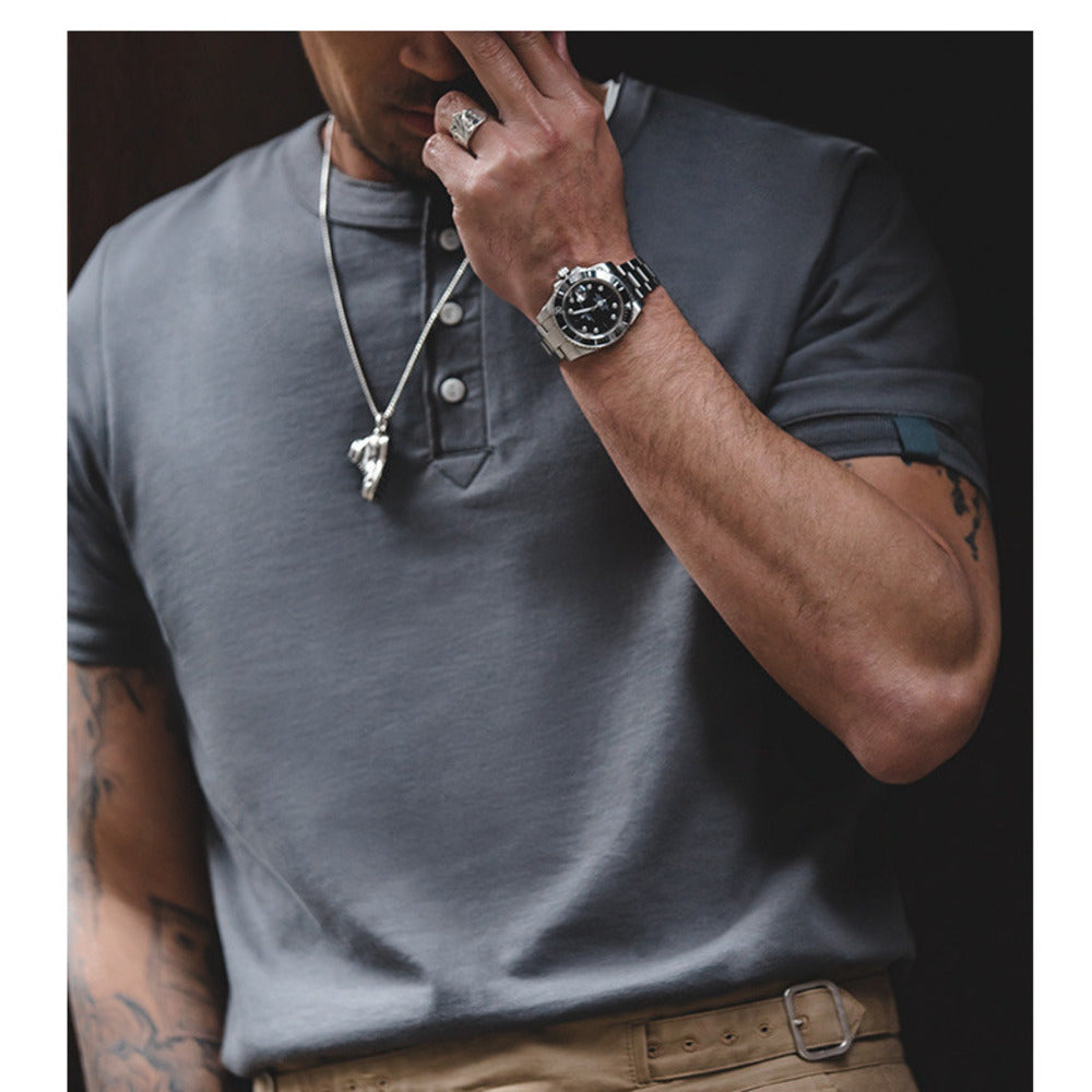 美式復古阿美咔叽短袖亨利衫夏季軍綠微彈硬漢T恤