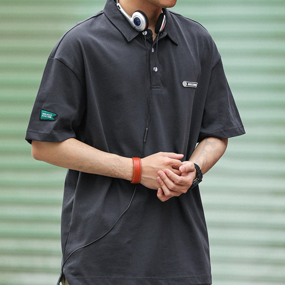 復古POLO領潮牌休閑短袖T恤男寬松設計感純棉半袖打底衫