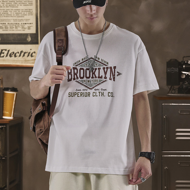 美式復古t恤短袖男夏季大碼純棉上衣字母印花260g半袖衫