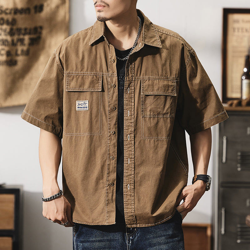短袖襯衫夏季美式復古明線貼標襯衣潮流純棉大碼工裝外套