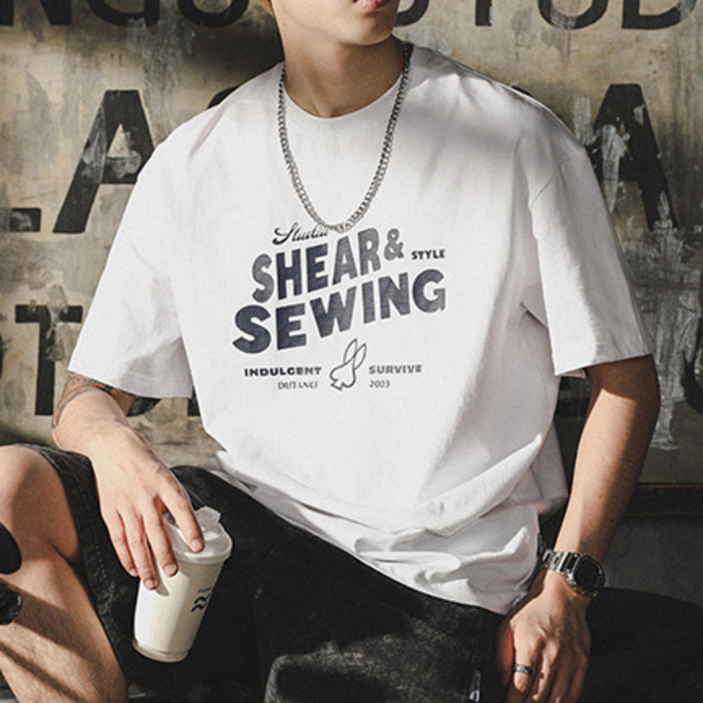 美式短袖T恤男2024夏季潮流百搭休閑五分袖體恤純棉潮牌男裝