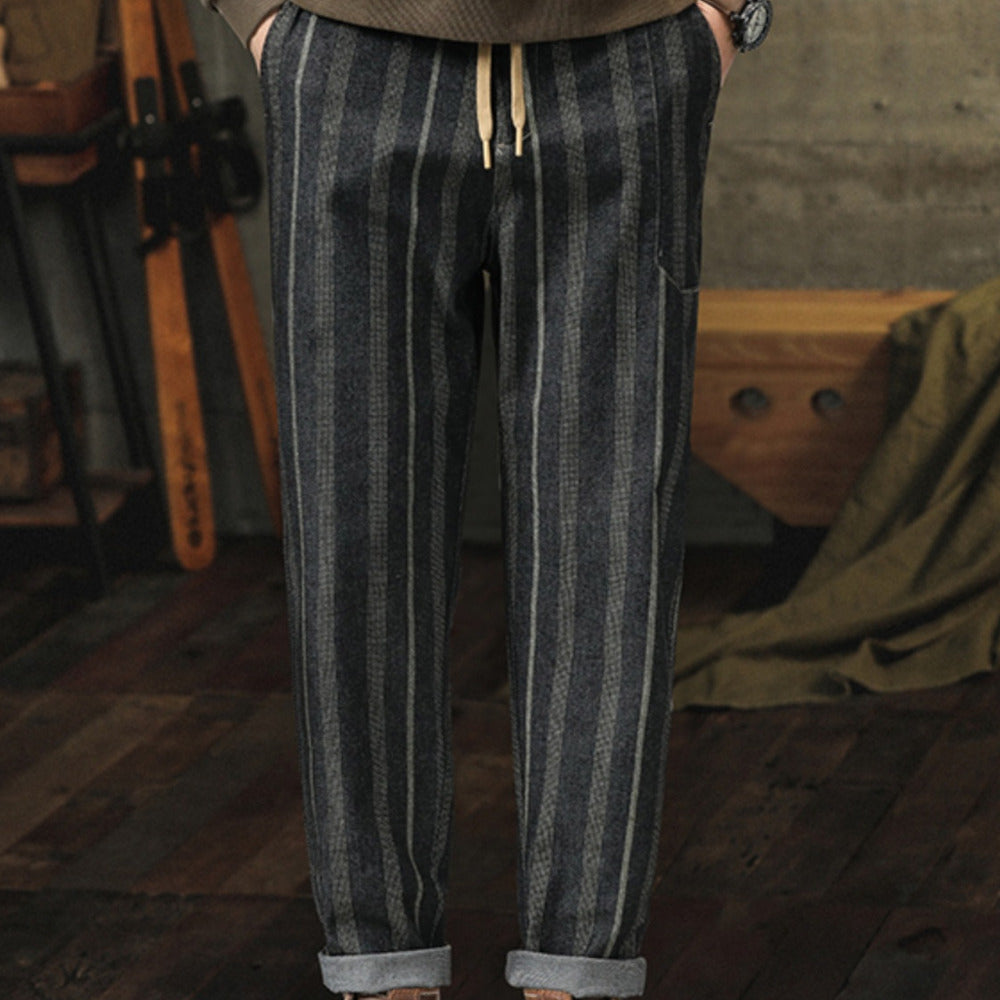 美式復古條紋休閑褲子男秋季英倫雅痞寬松直筒哈倫九分錐形褲