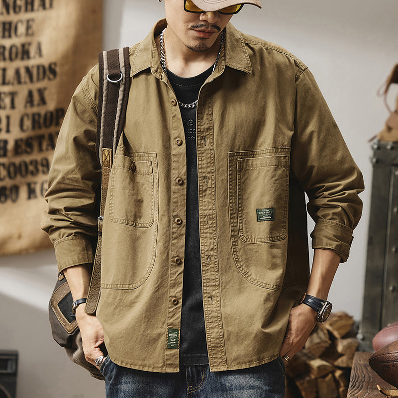 男士長袖春秋季款阿美咔叽美式復古軍綠色外套休閑襯衣