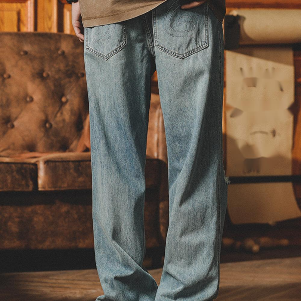 美式淺色破洞牛仔褲男款夏季薄潮牌寬鬆直筒水洗做舊休閒闊腿褲子