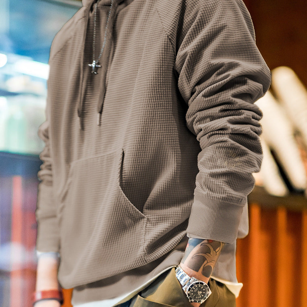 美式復古玉米粒刺繡連帽衛衣絨感百搭純色套頭衫上衣