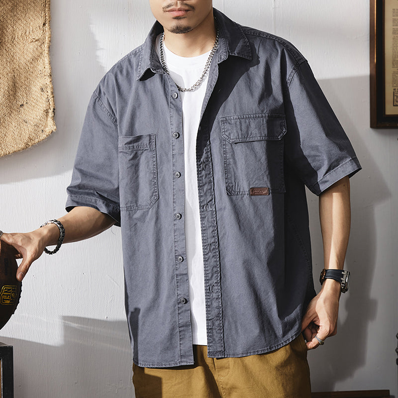 美式復古半袖工裝襯衣夏季戶外硬漢純棉休閑上衣