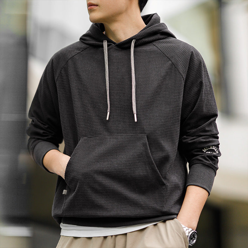 美式復古玉米粒刺繡連帽衛衣絨感百搭純色套頭衫上衣