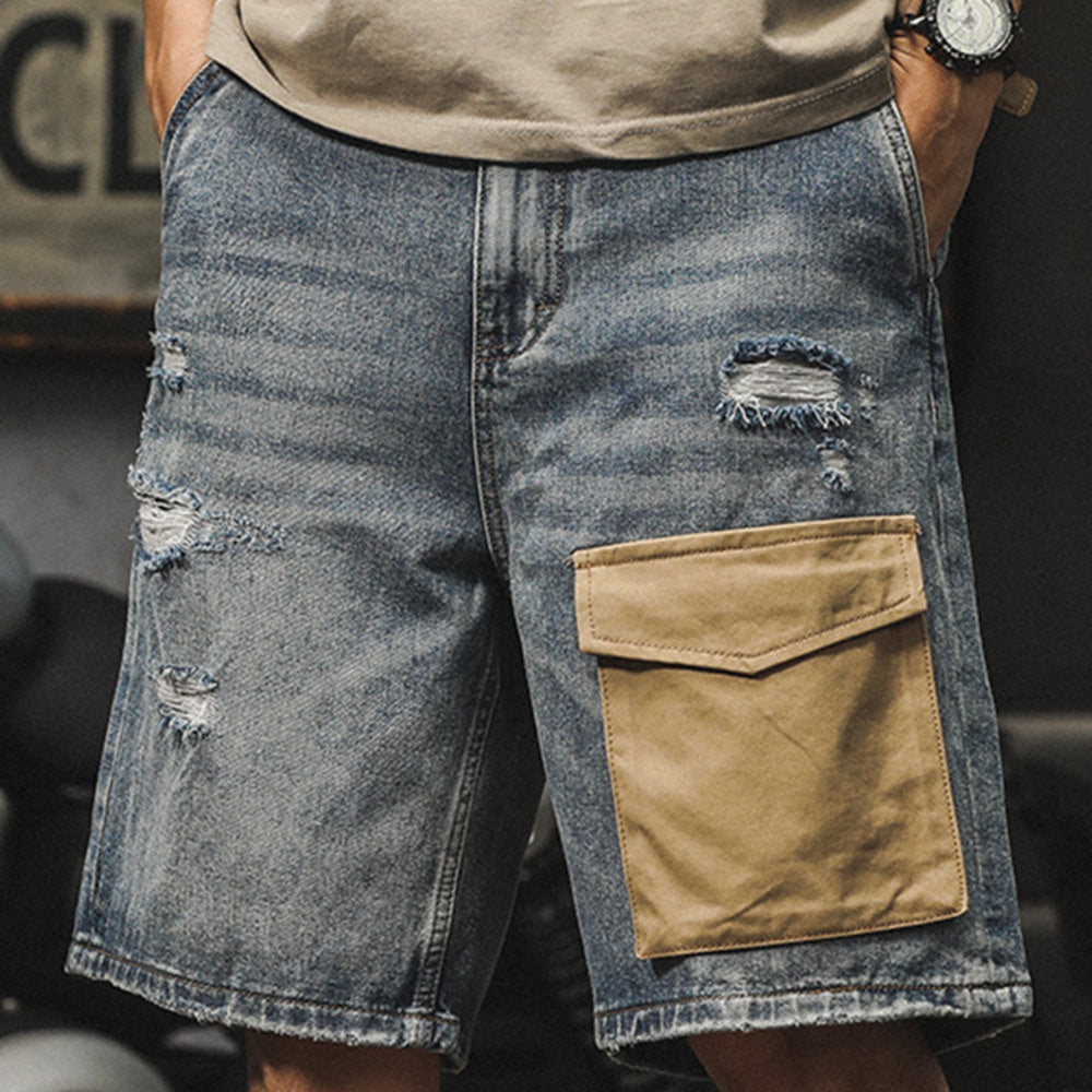 美式復古破洞牛仔短褲男設計感薄款工裝五分褲夏季寬松大碼中褲潮