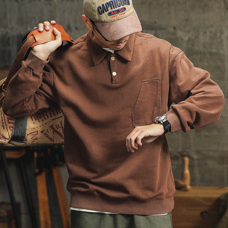 美式Polo衫男長袖新品潮牌寬松休閑復古水洗黑色翻領衛衣