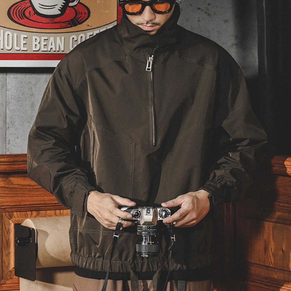 美式衛衣男春秋款半拉鏈套頭沖鋒衣寬松大碼復古工裝夾克外套春秋
