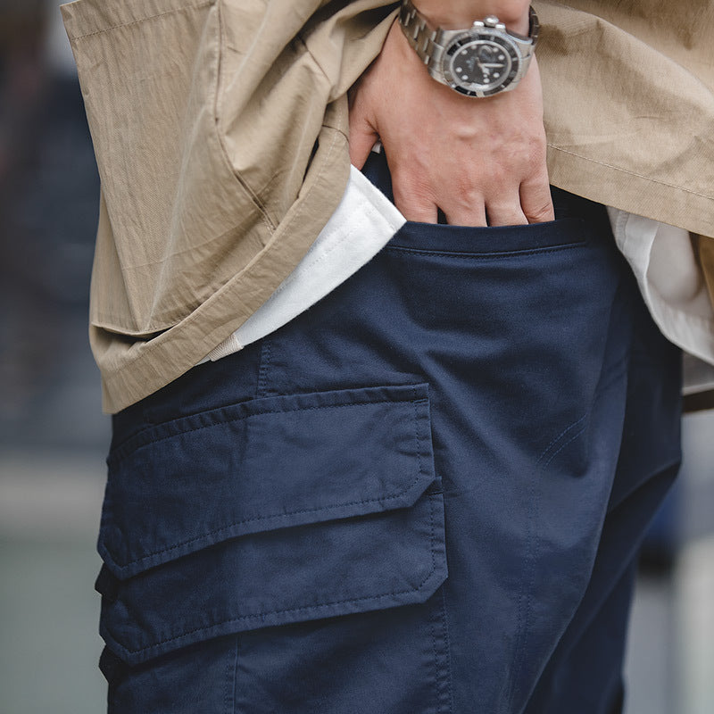 美式彎刀大口袋立體剪裁束腳褲抽繩軍綠色九分褲