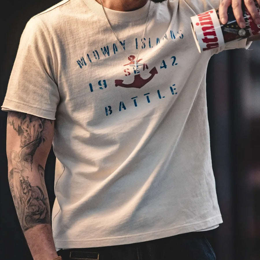 美式復古船錨印花棉籽殼短袖TEE正肩半袖字母圓領T恤