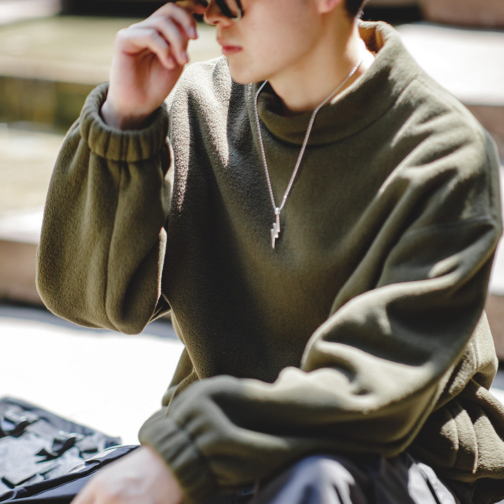 美式休閑搖粒絨衛衣立領cityboy寬松慵懶無帽套頭衫