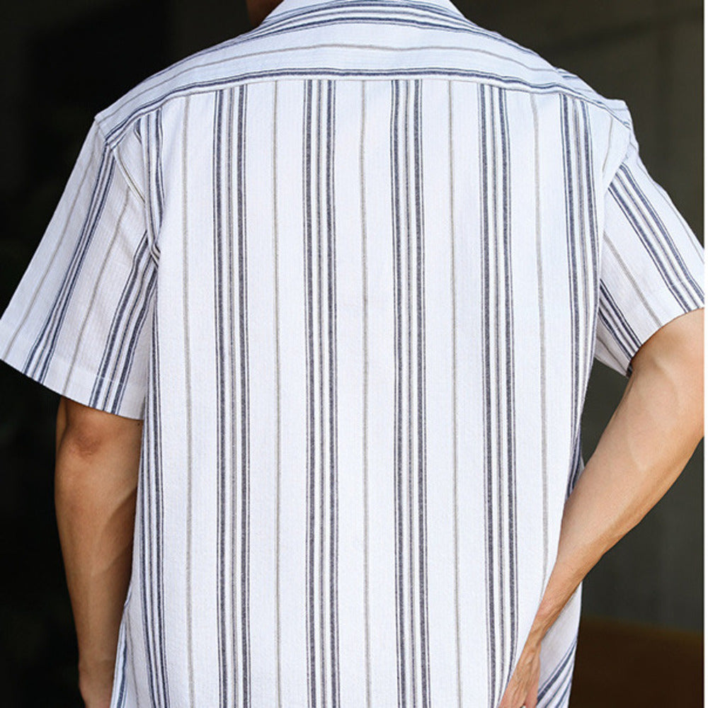 高端夏日清爽條紋古巴領短袖襯衫美式休閑夏威夷襯衣男