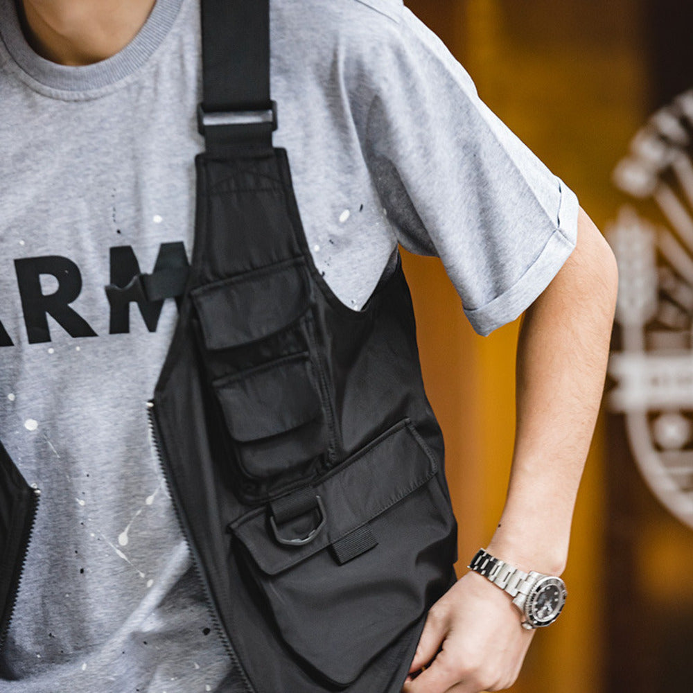 復古多口袋機能風馬甲無袖坎肩背心兩用挎包外套