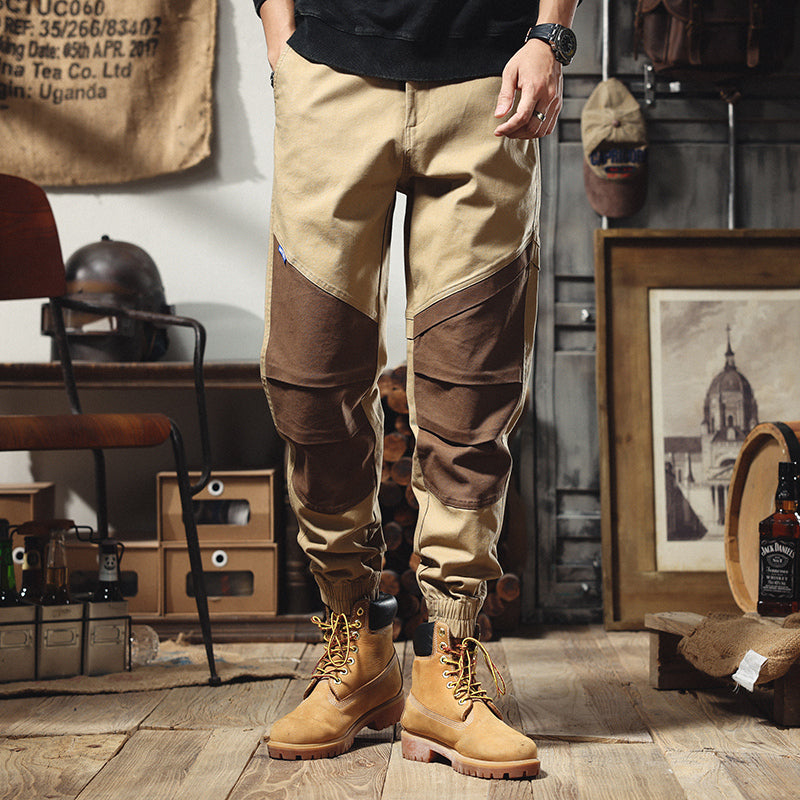 美式工裝褲男春季復古哈倫褲男士軍事風拼接褲