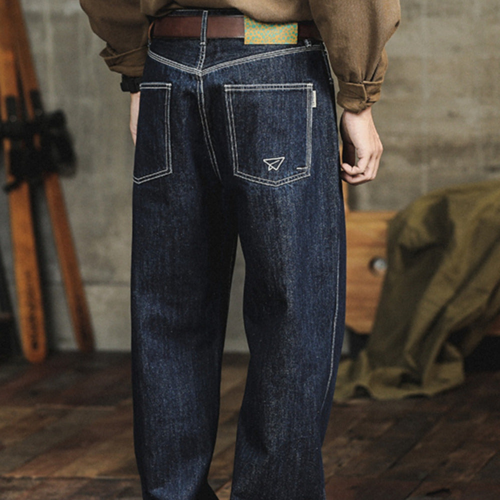 活性染原色牛仔美式赤耳丹寧牛仔褲男直筒寬松原牛休閑長褲子