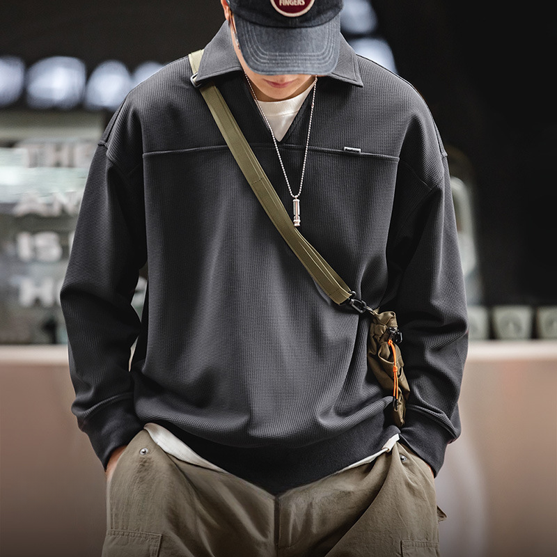 復古華夫格V領polo衫衛衣寬松套頭百搭翻領上衣