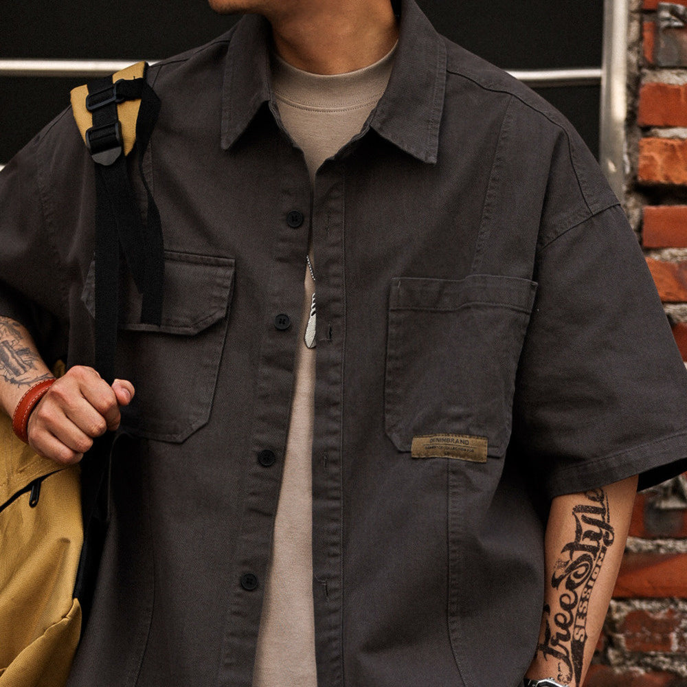 美式復古工裝襯衫男士夏季寬松山系戶外多口袋短袖襯衣外套