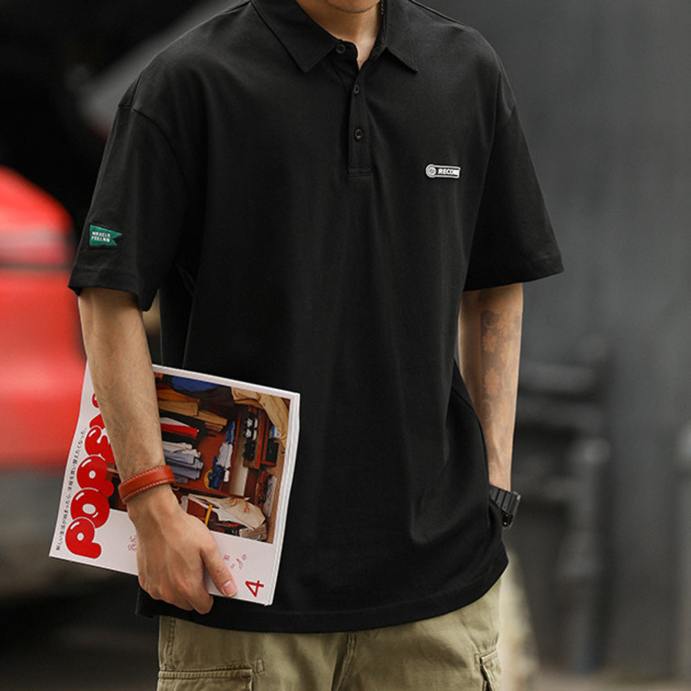 復古POLO領潮牌休閑短袖T恤男寬松設計感純棉半袖打底衫