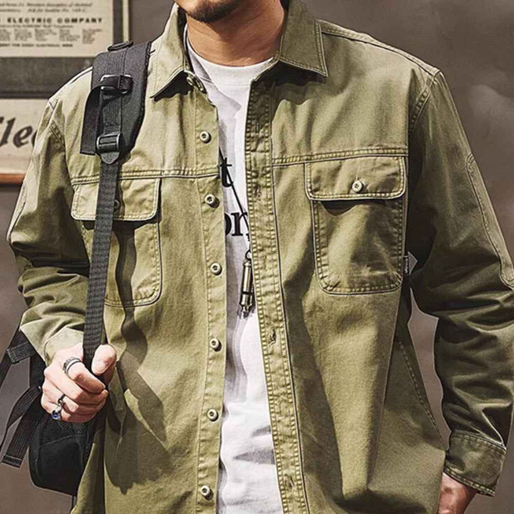 高級感春秋季工裝外套美式復古硬漢襯衣