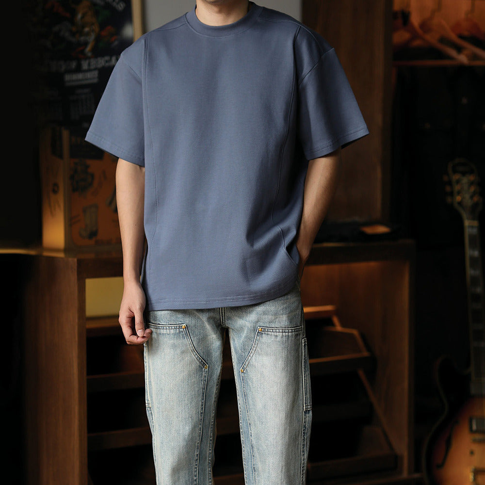 美式復古解構小領口休閑短寬版型液氨空氣棉短袖T恤