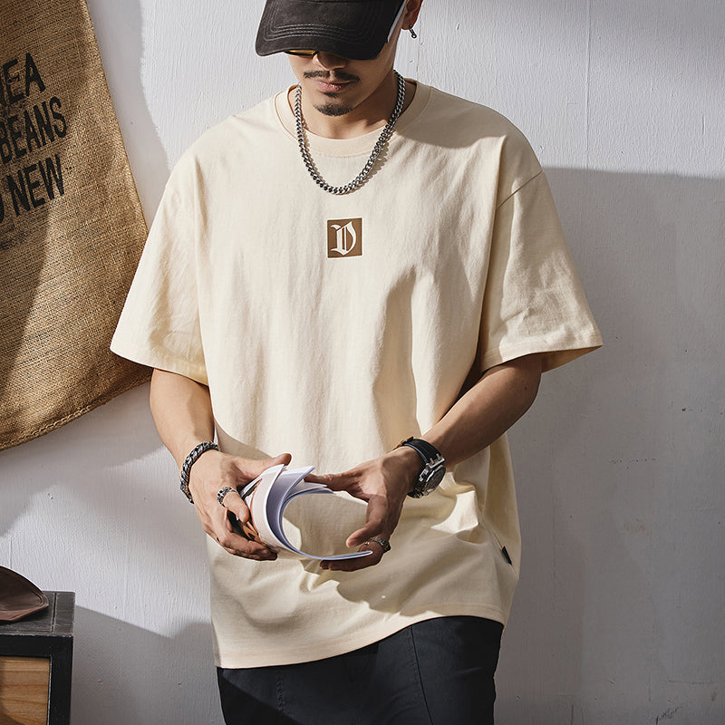 美式男士短袖t恤薄款復古字母印花半袖夏季純棉大碼圓領體恤