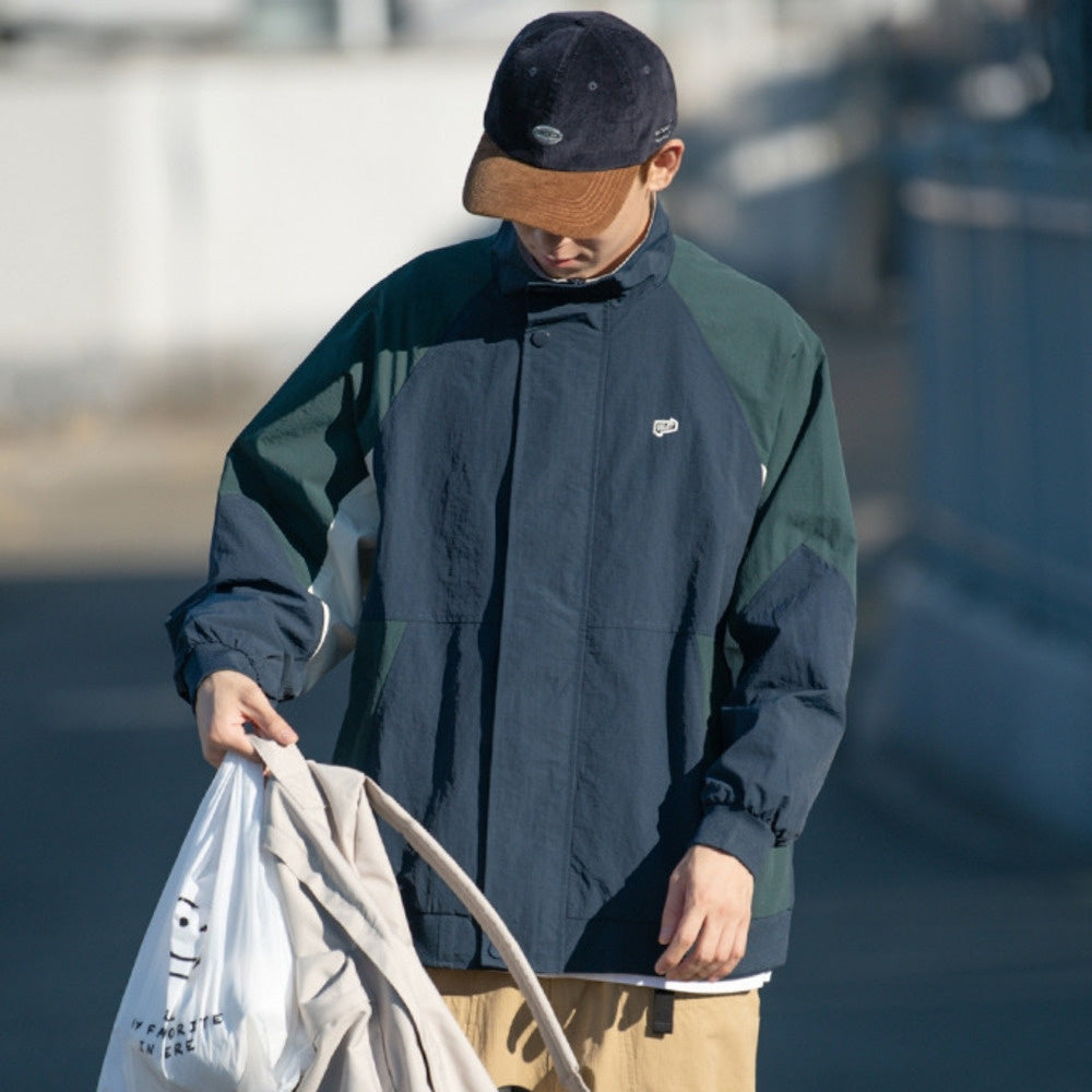 立領拼接潮牌夾克男潮流ins百搭拼色休閑沖鋒衣外套