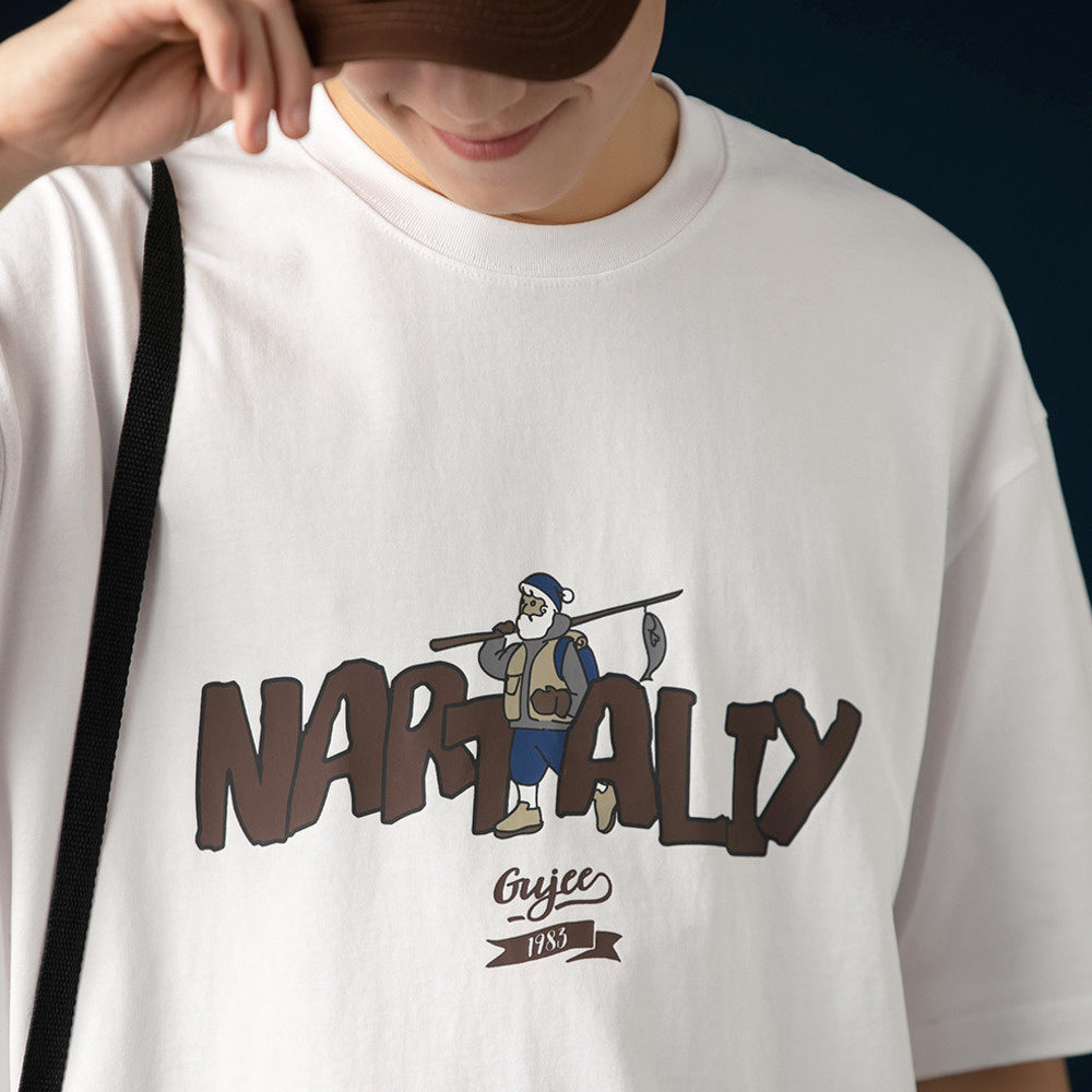 250G雙紗夏季美式復古印花短袖T恤男純棉圓領寬松休閑半袖體恤衫