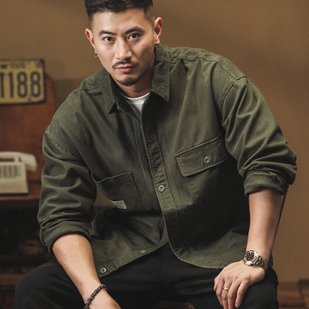 美式復古工裝襯衫春秋季款潮牌痞帥牛仔夾克外套