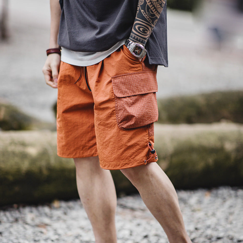 美式復古落日橘直筒短褲多巴胺寬松尼龍五分沙灘褲男夏薄