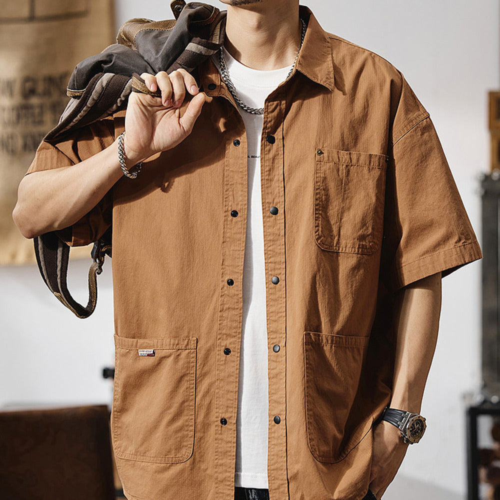 夏季戶外通勤半袖襯衣美式山系休閑大碼工裝上衣