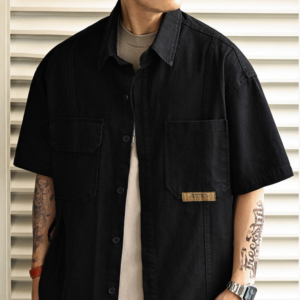 美式復古工裝襯衫男士夏季寬松山系戶外多口袋短袖襯衣外套