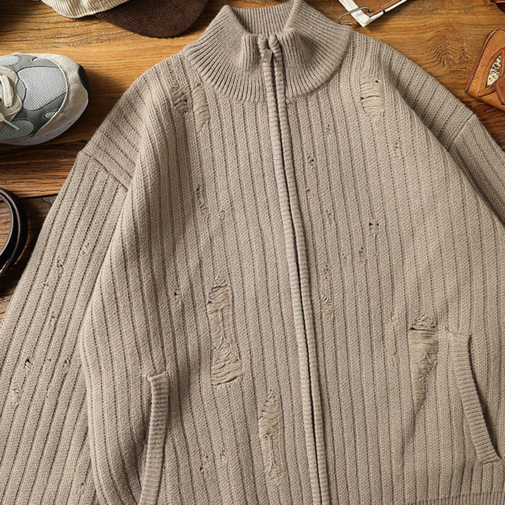 針織開衫破洞提花復古cleanfit休閑毛衣外套