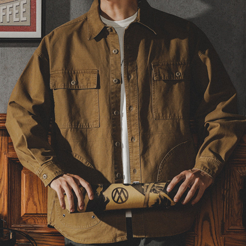 美式工裝襯衫男潮牌復古長袖襯衣男士春秋季寬松休閑上衣外套