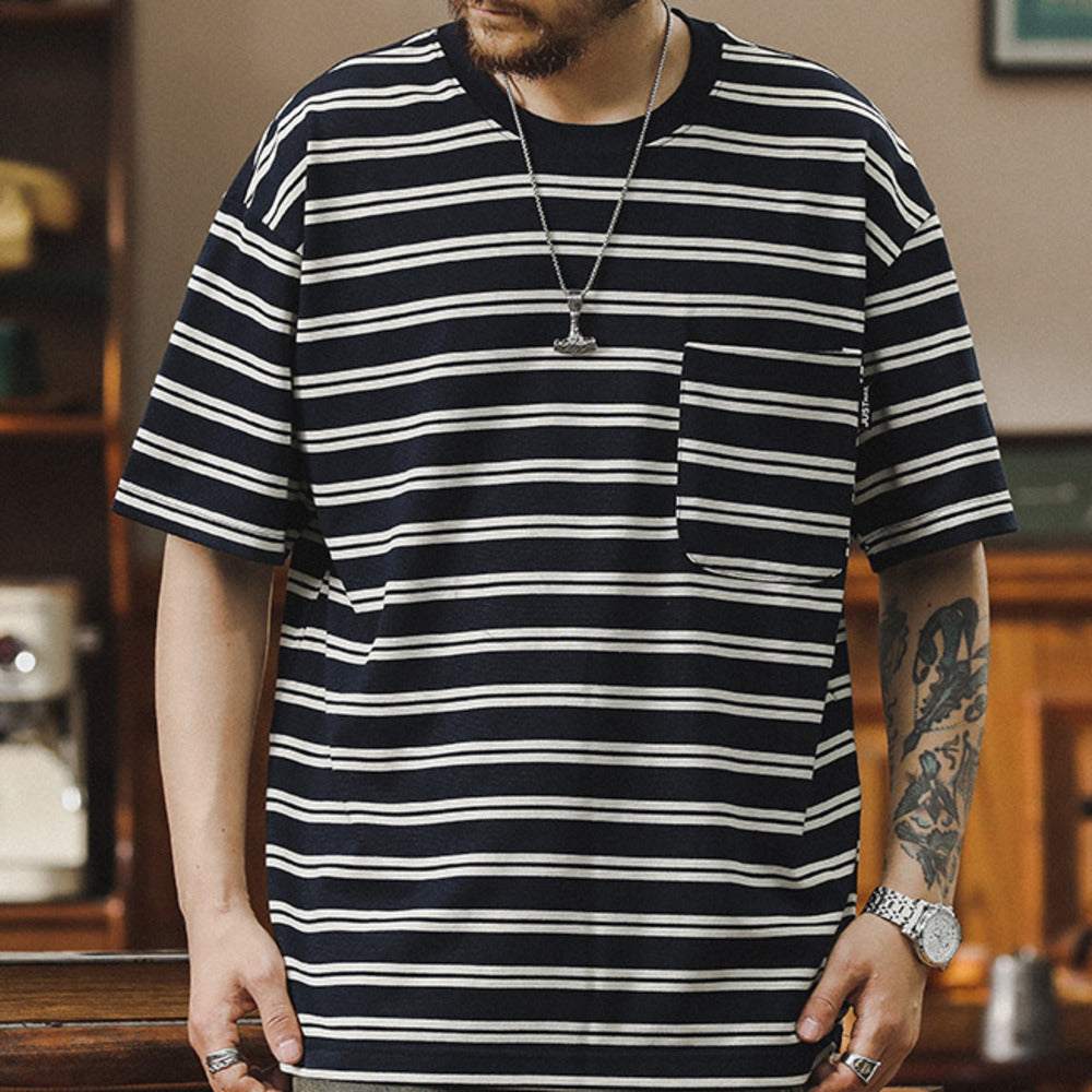 夏季新款條紋t恤男短袖寬松圓領五分袖美式復古圓領口袋體恤