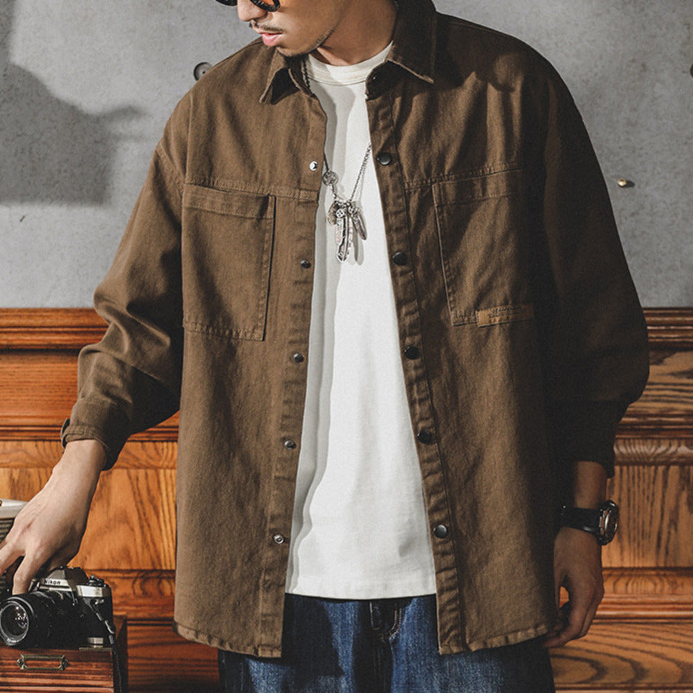 美式工裝襯衫男長袖春秋季潮牌大碼寬松休閑襯衣復古牛仔外套