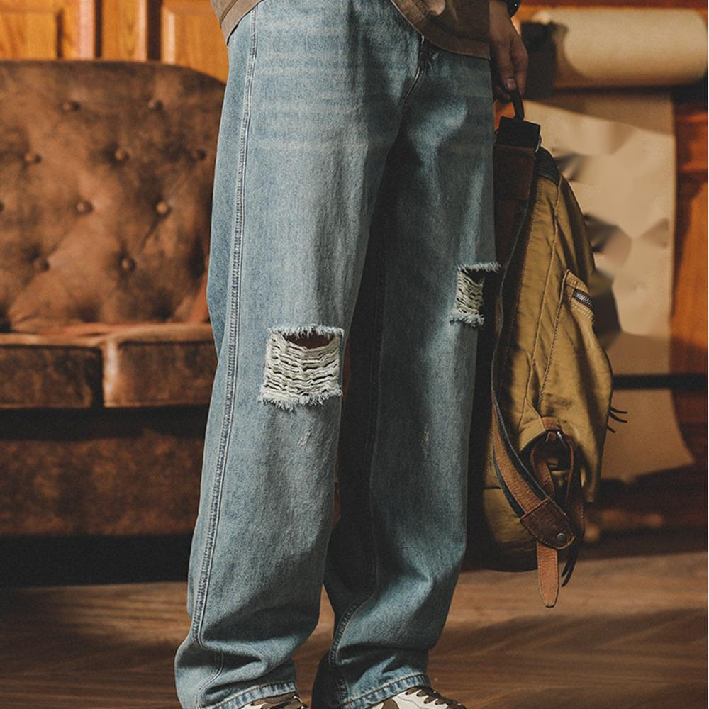 美式淺色破洞牛仔褲男款夏季薄潮牌寬鬆直筒水洗做舊休閒闊腿褲子