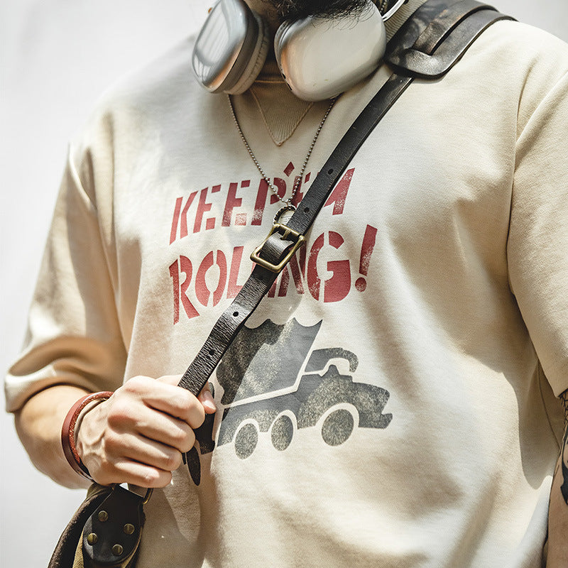 美式復古塗鴉字母印花短袖T恤混紡圓領杏色小眾Tee男夏