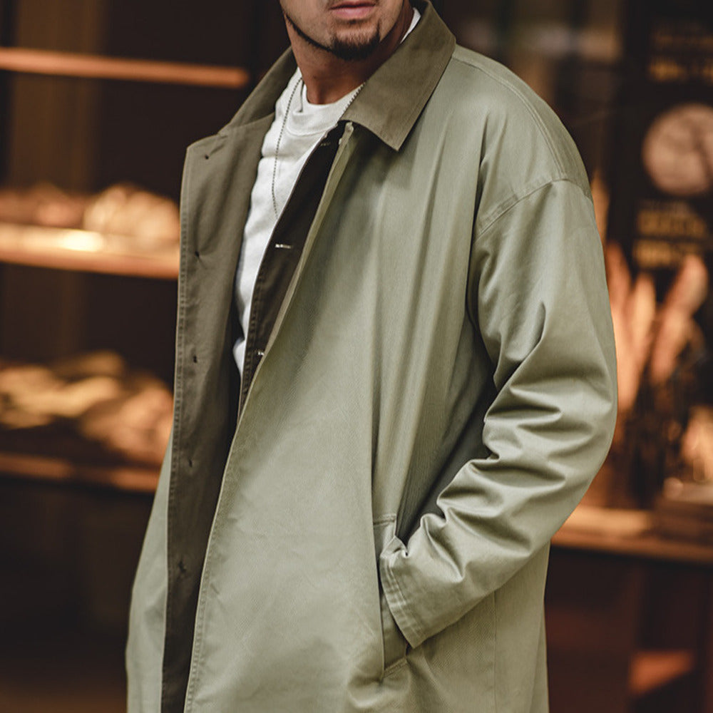 美式休閑撞色巴爾瑪肯風衣寬松中長款薄大衣外套