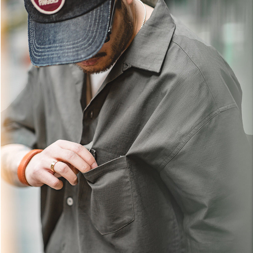 復古巴領寬鬆短袖襯衫透氣哢嘰休閒男寸衣痞帥夏山系