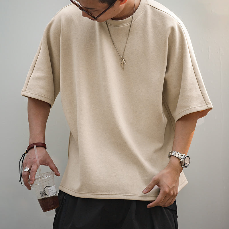 美式復古珠地空氣棉T恤春夏寬松廓形拼接免燙短袖TEE