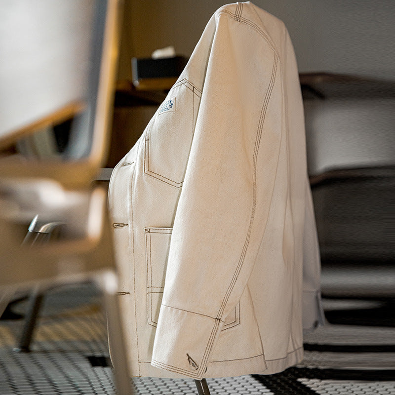 美式復古棉籽殼翻領夾克阿美咔叽多口袋上衣外套男秋