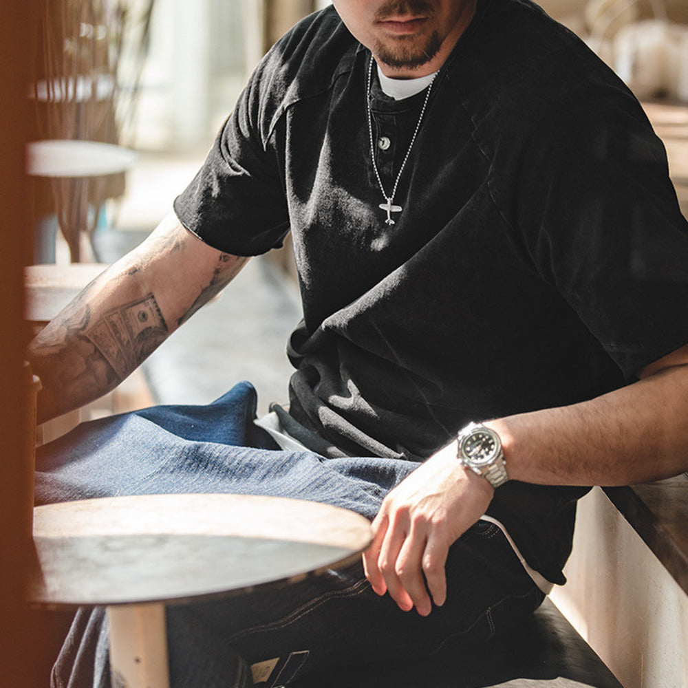 復古做舊亨利領彈力修身短袖咔叽美式硬漢T恤衫