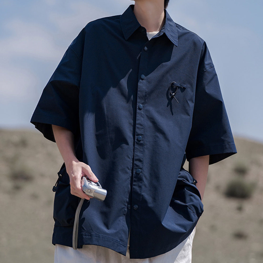 工裝短袖襯衫男士薄款夏季復古潮牌寬松休閑痞帥襯衣外套