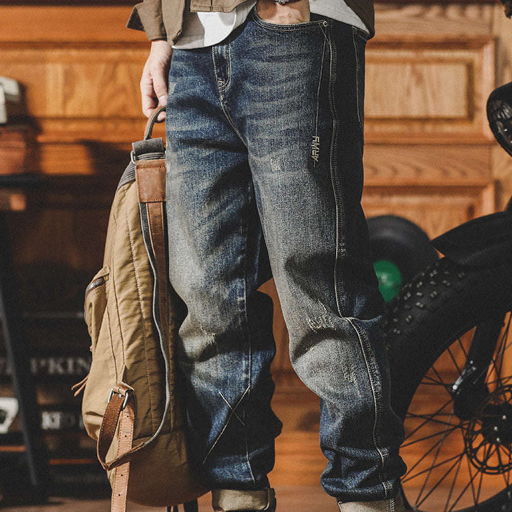 美式復古牛仔褲男士直筒春季寬松水洗做舊阿美咔叽休閑長褲