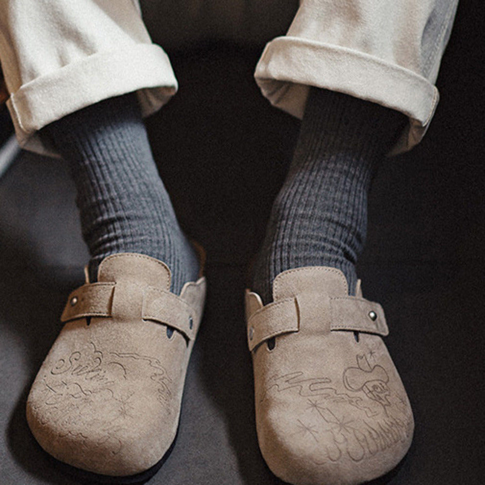 插畫版穆勒鞋半拖男夏季新款厚底外穿釣魚平底包頭涼拖鞋