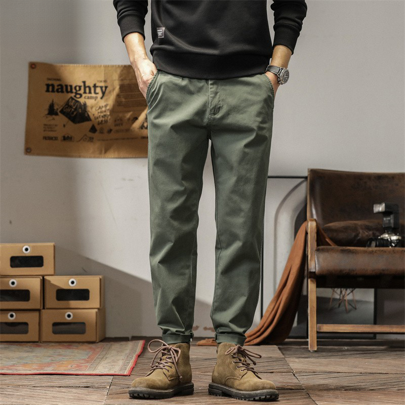 男款復古垂感軍綠色褲子美式男士卡其褲九分小西褲